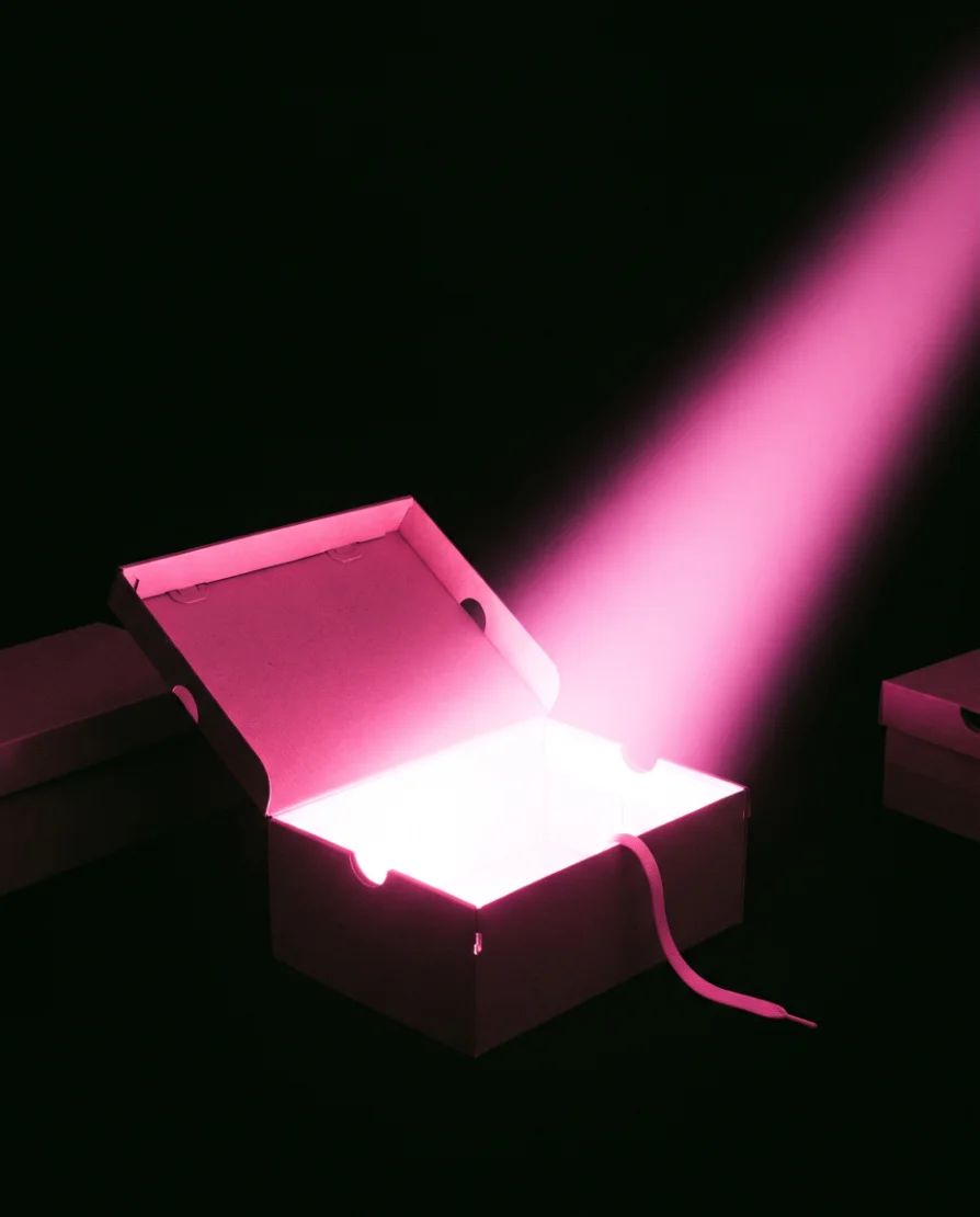 An open shoebox lit from within