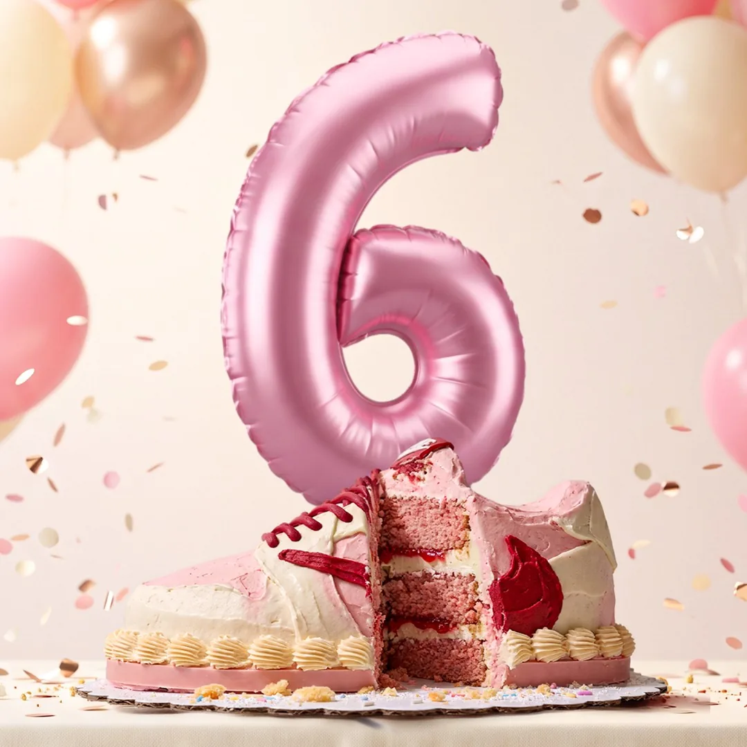 A sneaker-shaped birthday cake beneath a giant foil number six